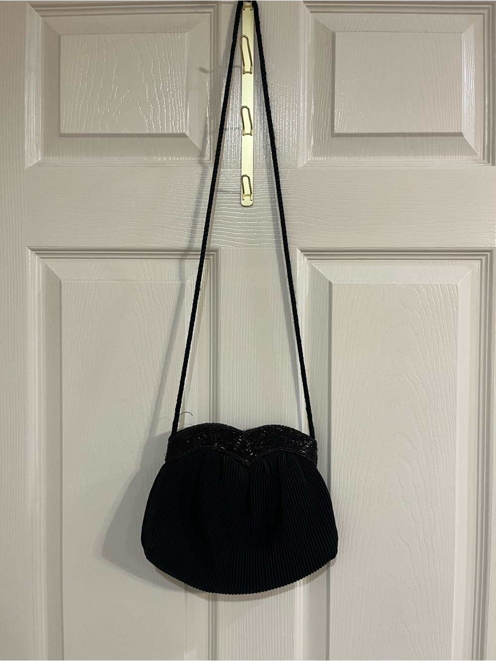La Regale Black Beaded Pleated Crossbody Bag